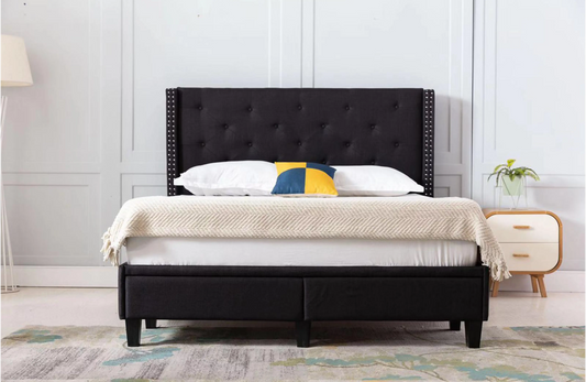 The Perfect Storage Bed - Hand Tufted Winged Upholstered 51" Platform Bed with 2 Drawer in Linen
